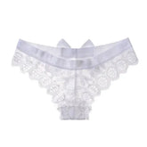 White satin lace thong underwear with scalloped edges, a comfortable lace thong essential